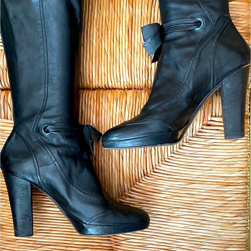 DKNY OTK Over the Knee Black Leather Boots Platform Y2K Victorian Bows 9 RARE! - Picture 2 of 11